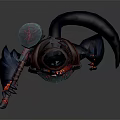 Fierce Game And Movie Character With Horned Helmet Glowing Weapon Hands And Blue Red Armor