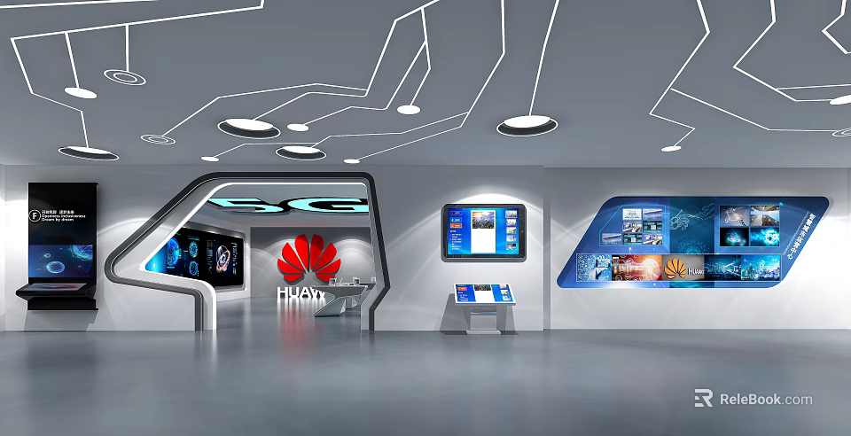 Modern HUAWEI Technology Exhibition Hall With Digital Display Screens Exhibition Counters And Ceiling Lights 3d model 