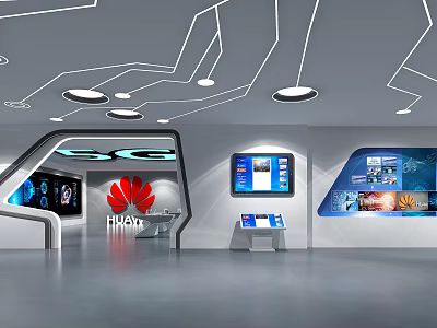 Modern HUAWEI Technology Exhibition Hall With Digital Display Screens Exhibition Counters And Ceiling Lights 3d model