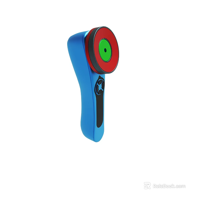 Blue Handheld Device with Red Green Circular Top and Black Control Button 3d model