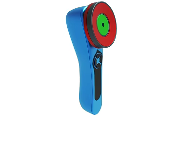 Blue Handheld Device with Red Green Circular Top and Black Control Button 3d model