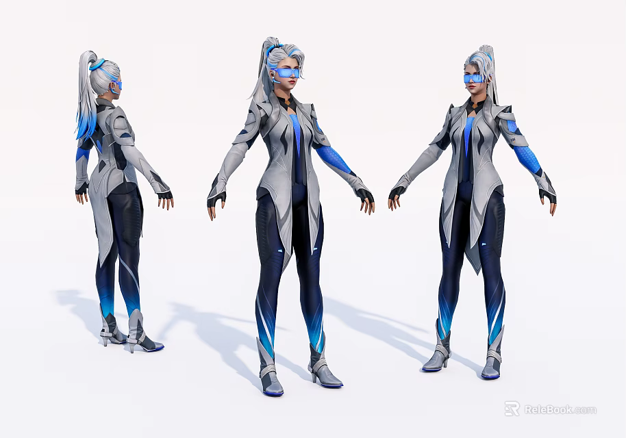 Game And Movie Character In Futuristic Gray Blue Outfit With Silver Details And White Hair 3d model 