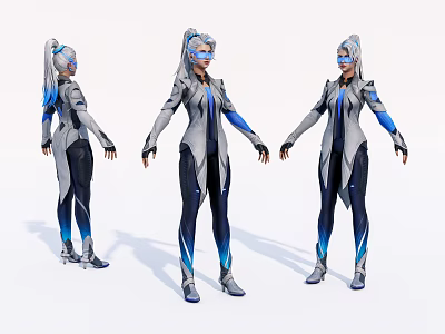 Game And Movie Character In Futuristic Gray Blue Outfit With Silver Details And White Hair 3d model