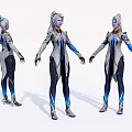 Game And Movie Character In Futuristic Gray Blue Outfit With Silver Details And White Hair