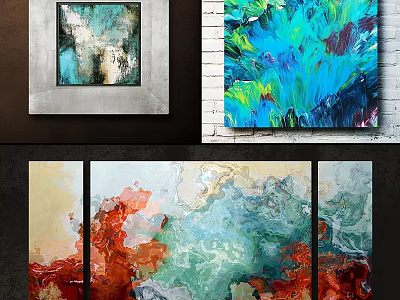 Modern Frame Collection With Abstract Art Paintings In Vibrant Blue Green Red Colors 3d model