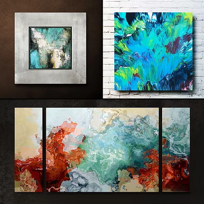 Modern Frame Collection With Abstract Art Paintings In Vibrant Blue Green Red Colors 3d model