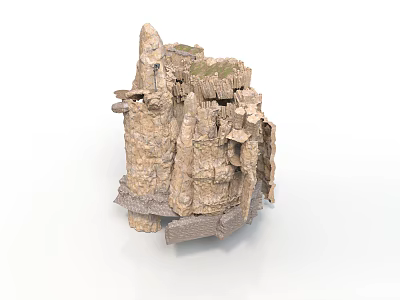 Rock Cliff Structure 3D Model With Layered Stones And Small Architectural Elements 3d model