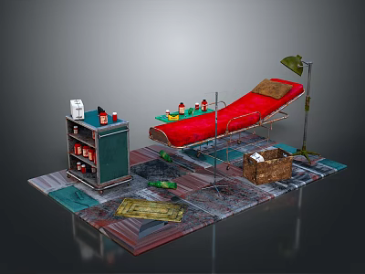 Red Medical Bed Equipment With Storage Cabinet Table Lamp And Supply Bottles Setup 3d model