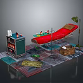 Red Medical Bed Equipment With Storage Cabinet Table Lamp And Supply Bottles Setup