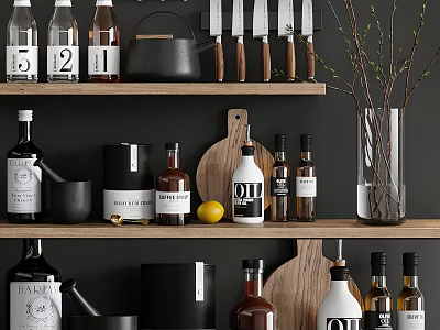 Stylish Kitchen Utensils With Knives Cutting Boards Spices Bottles And Vase On Wooden Shelves 3d model