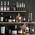 Stylish Kitchen Utensils With Knives Cutting Boards Spices Bottles And Vase On Wooden Shelves