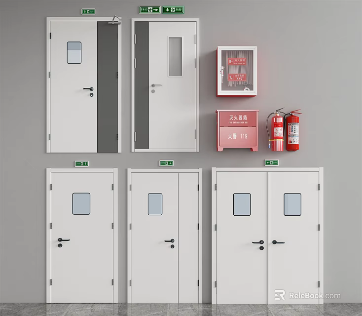 Fire Safety Equipment Display Featuring Fire Doors Hydrant And Extinguishers 3d model