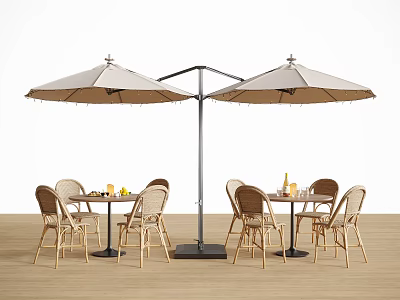 Wicker Outdoor Chairs With Patio Dining Tables And Double Umbrella Setup 3d model