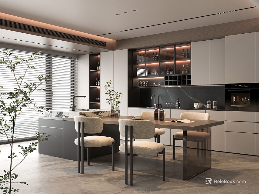 Modern Dining Room Interior With Dining Table Chairs Cabinets And Green Plants 3d model 