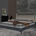 Modern Double Bed With Leather Headboard Gray Frame Stone Wall Nightstand And Green Plant