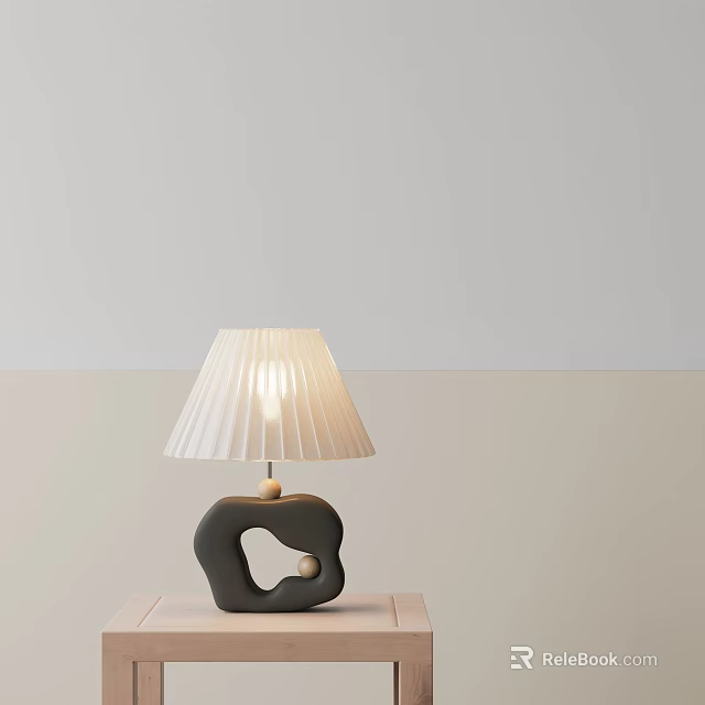 Irregular Black Base Table Lamp With White Pleated Shade Illuminated On Wooden Table 3d model 