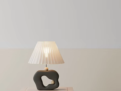 Irregular Black Base Table Lamp With White Pleated Shade Illuminated On Wooden Table 3d model