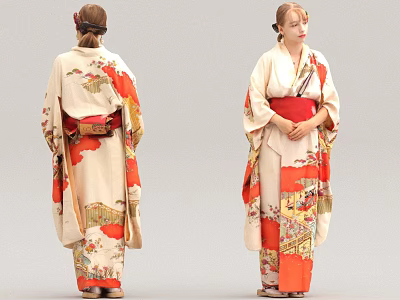 Women Wearing Traditional Kimono With Red And White Design Front Back Views 3d model