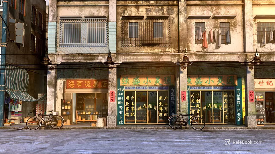 Vintage Commercial Street Featuring Old Buildings Traditional Shops Chinese Signs And Bicycles 3d model 
