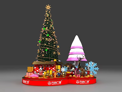 Christmas Display With Green Christmas Tree Pink White Cone Tree Gifts Snowflake Decorations By Wanda 3d model