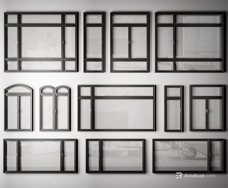 Various Window Designs With Black Frames And Different Shapes 3d model
