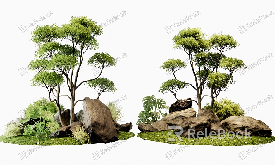 Plant pile landscape landscape stone shrub plant combination model