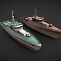 Two Modern And Classic Yachts With Green Deck And Antenna Structure
