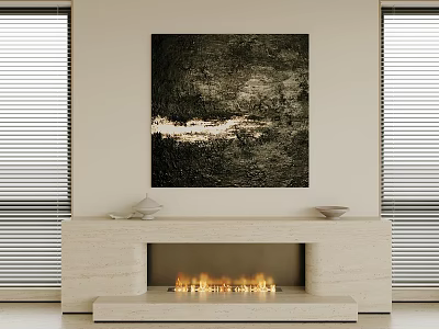 Cozy Fireplace Design With Light Stone Mantel And Art Painting 3d model