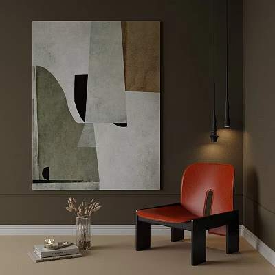 Stylish Interior With Abstract Art Red Chair And Black Pendant Lights 3d model