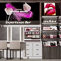 Modern Makeup Display Shelves in Brand Experience Bar with Organized Cosmetics and Stylish Product Arrangement