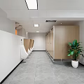 Modern Minimalist Public Toilet Wash Area With Large Backlit Mirror Marble Countertop And Wooden Cabinets