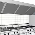 Professional Kitchen Cooking Equipment With Stainless Steel Stove Range Hood And White Tiled Backsplash