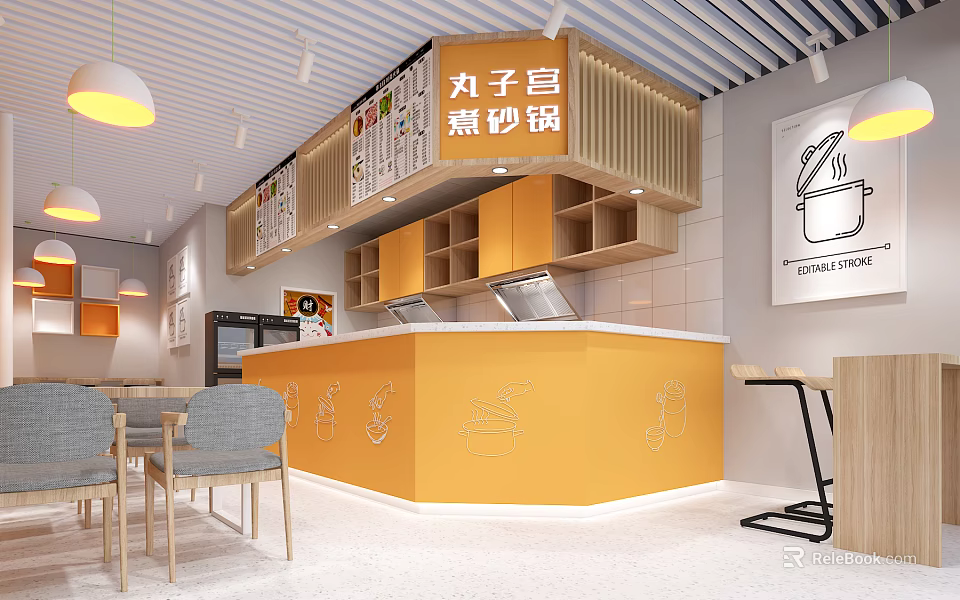 Meatballs Black Clay Pot Mall Shop With Orange Counter Wooden Shelves And Wall Art 3d model 