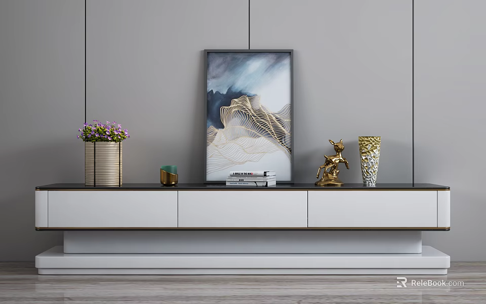 Modern White TV Stand With Mountain Painting Golden Deer Ornament And Flower Pot 3d model 