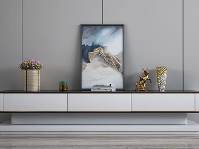 Modern White TV Stand With Mountain Painting Golden Deer Ornament And Flower Pot 3d model