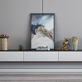 Modern White TV Stand With Mountain Painting Golden Deer Ornament And Flower Pot