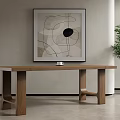 Modern Wooden Dining Table With Abstract Painting And Green Plant In Minimalist Interior