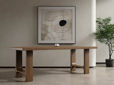 Modern Wooden Dining Table With Abstract Painting And Green Plant In Minimalist Interior 3d model