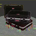 Black Hard Shell Weapon Cases Stacked With Red Labels And Yellow Bullets Around 3d model