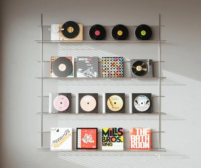 Stylish Headphones and Speakers Display with Colorful Vinyl Records on Wall Shelves 3d model 