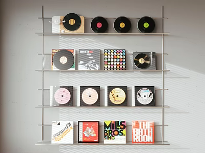 Stylish Headphones and Speakers Display with Colorful Vinyl Records on Wall Shelves 3d model