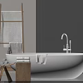 Modern White Bathtub Interior With Wooden Ladder Towels Faucet And Gray Wall