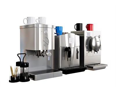 Stylish Silver Kitchen Coffee Machines With Various Colored Cups And Accessories 3d model