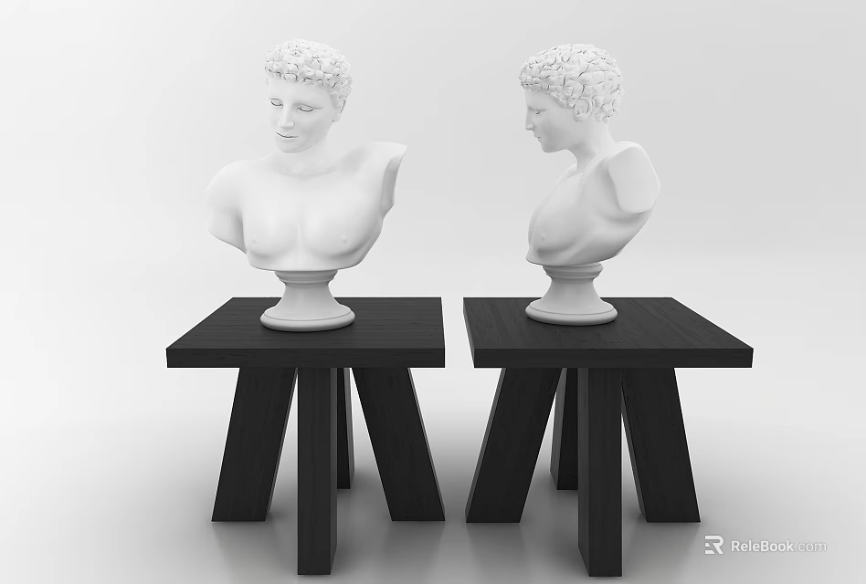 Decorative Ornament Set With Two White Bust Statues On Black Small Tables 3d model 