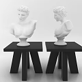 Decorative Ornament Set With Two White Bust Statues On Black Small Tables