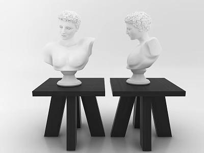 Decorative Ornament Set With Two White Bust Statues On Black Small Tables 3d model