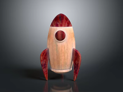 Wooden Rocket Shaped Decorative Figurine with Circular Window Red Accents and Stable Base Stand 3d model