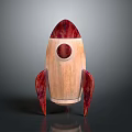 Wooden Rocket Shaped Decorative Figurine with Circular Window Red Accents and Stable Base Stand