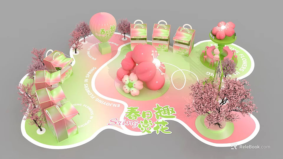 Spring Themed Floral Installation with Pink Blossom Trees Balloons and Gift Boxes 3d model 