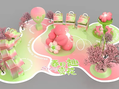 Spring Themed Floral Installation with Pink Blossom Trees Balloons and Gift Boxes 3d model